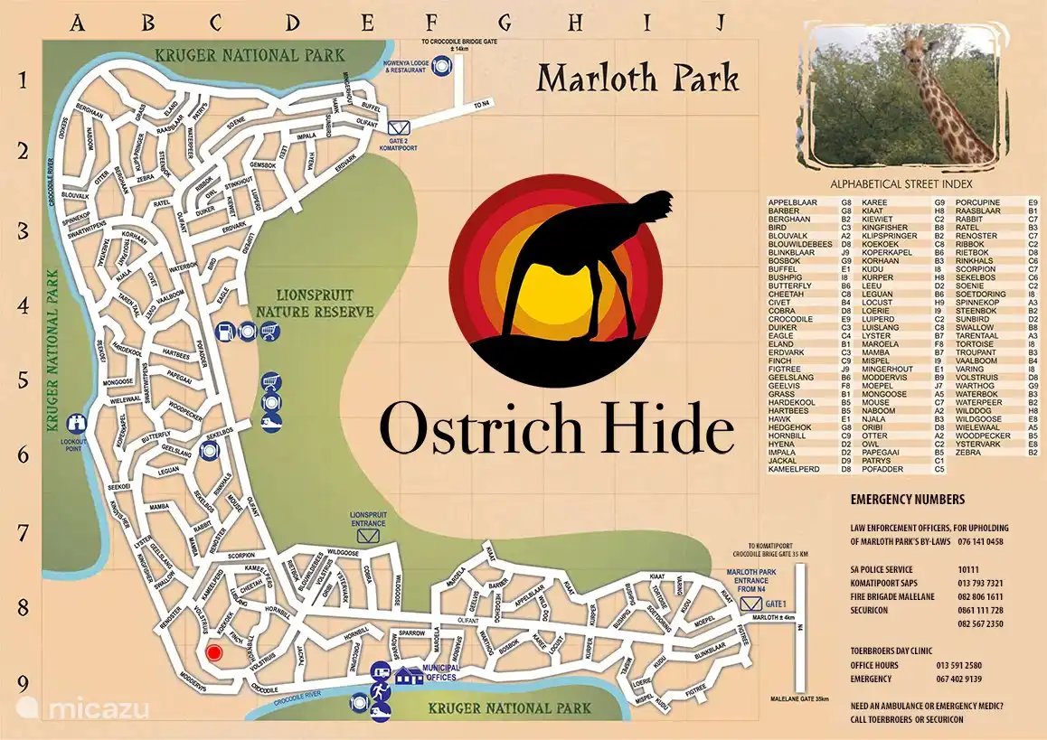 Plan de Marloth Park avec l'emplacement de notre maison sous le point rouge.