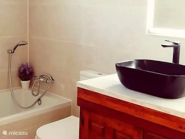 El Castellet, maison privée et piscine | Espagne, Costa Blanca, Dénia - villa L’une des 2 salles de bains de l’appartement supérieur. Ceci avec une baignoire et une machine à laver ;
Salle de douche dans l’autre salle de bain plus petite. Les deux nouveautés de 2022 ;