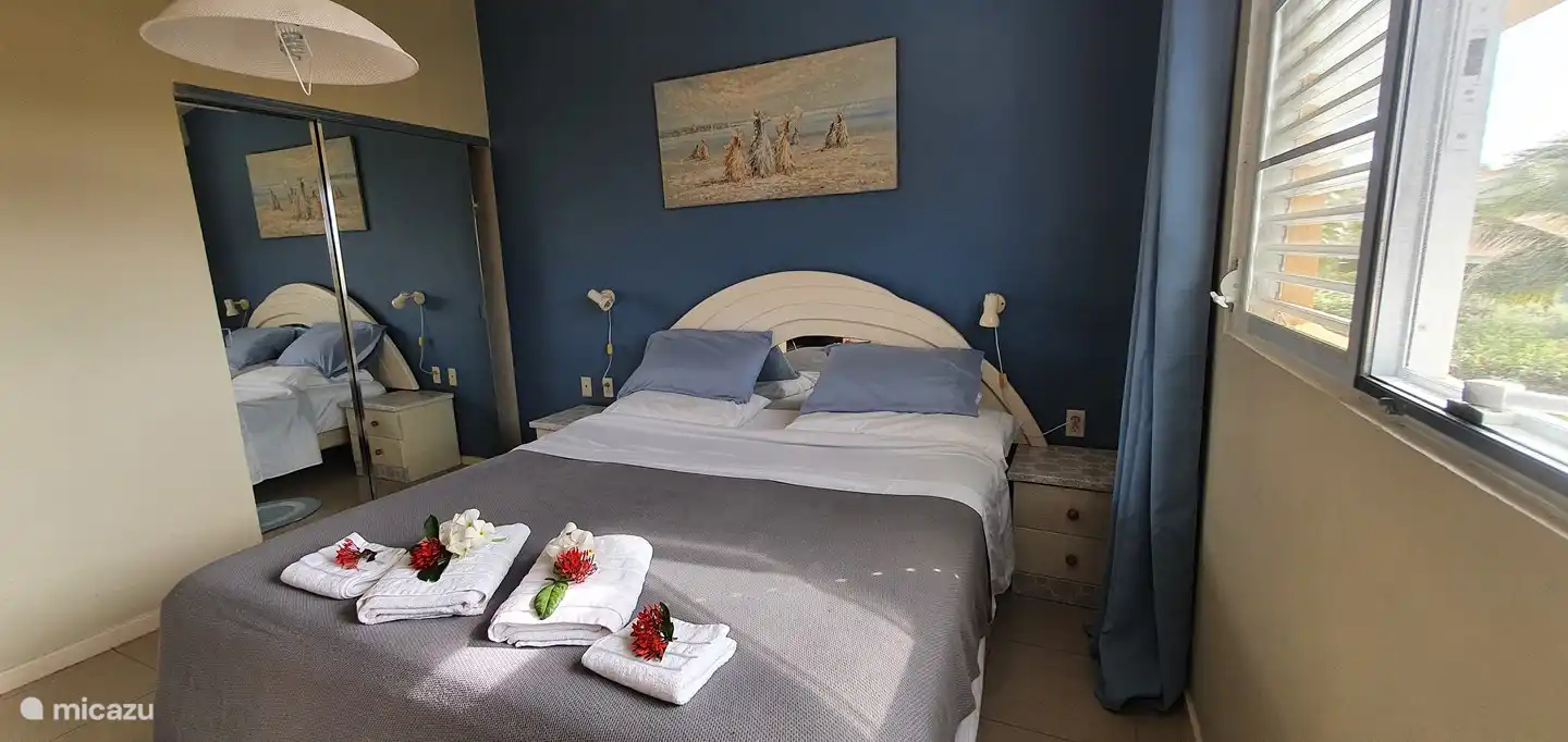 slaapkamer met kingsizebed en kast met spiegelwand