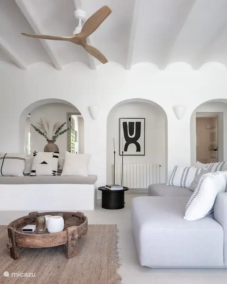 Salon ouvert avec cheminée, TV ou Sonos pour les passionnés