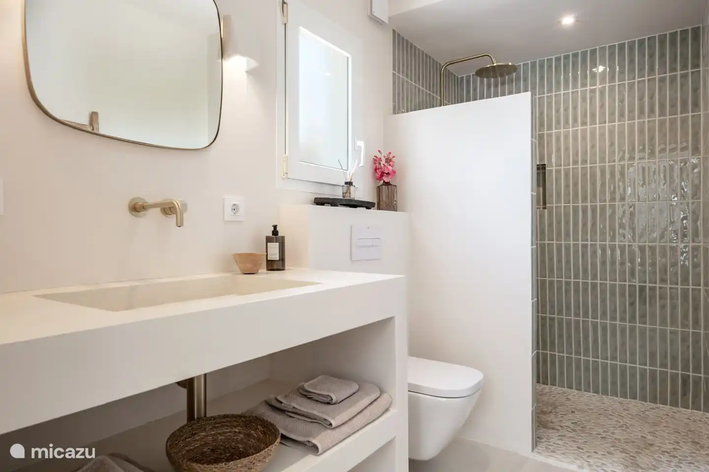 Salle de bain principale avec lavabo spacieux, douche à l'italienne, toilettes et radiateur design