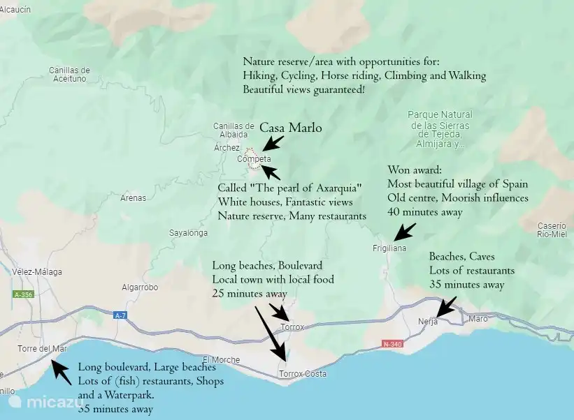 Casa Marlo in Cómpeta with descriptions of the surrounding villages/towns.