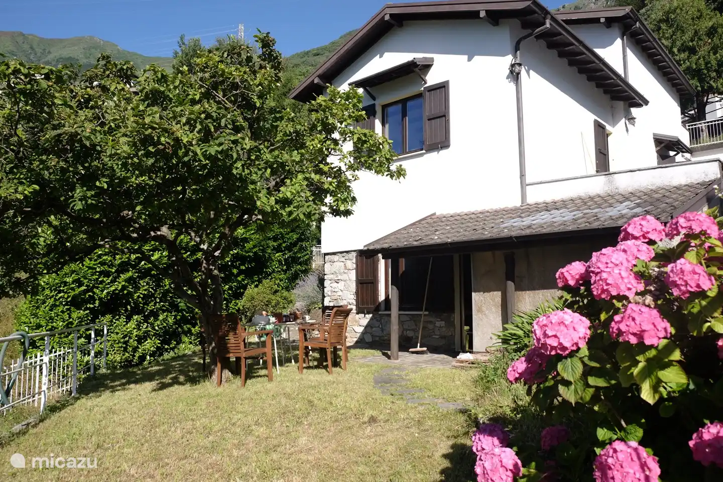 Terraza abajo con sombra de níspero