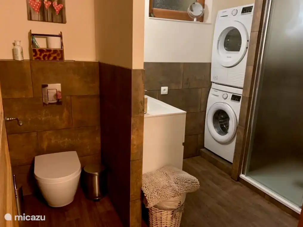 WC/Douche en bas avec machine à laver moderne et sèche-linge moderne