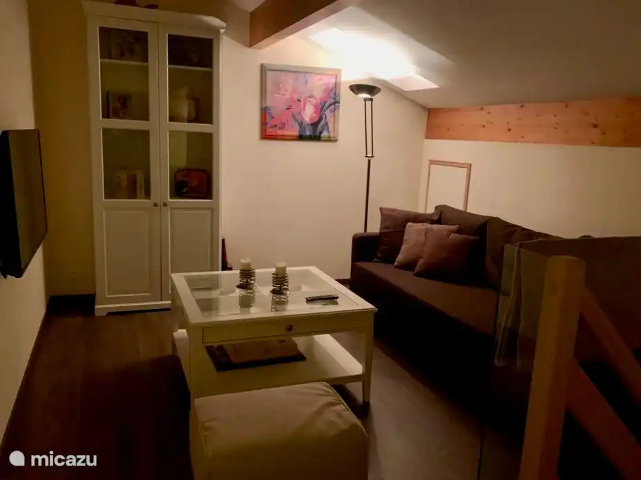 Le coin TV à l'étage supérieur avec une grande télévision (satellite) et une connexion pour les jeux.