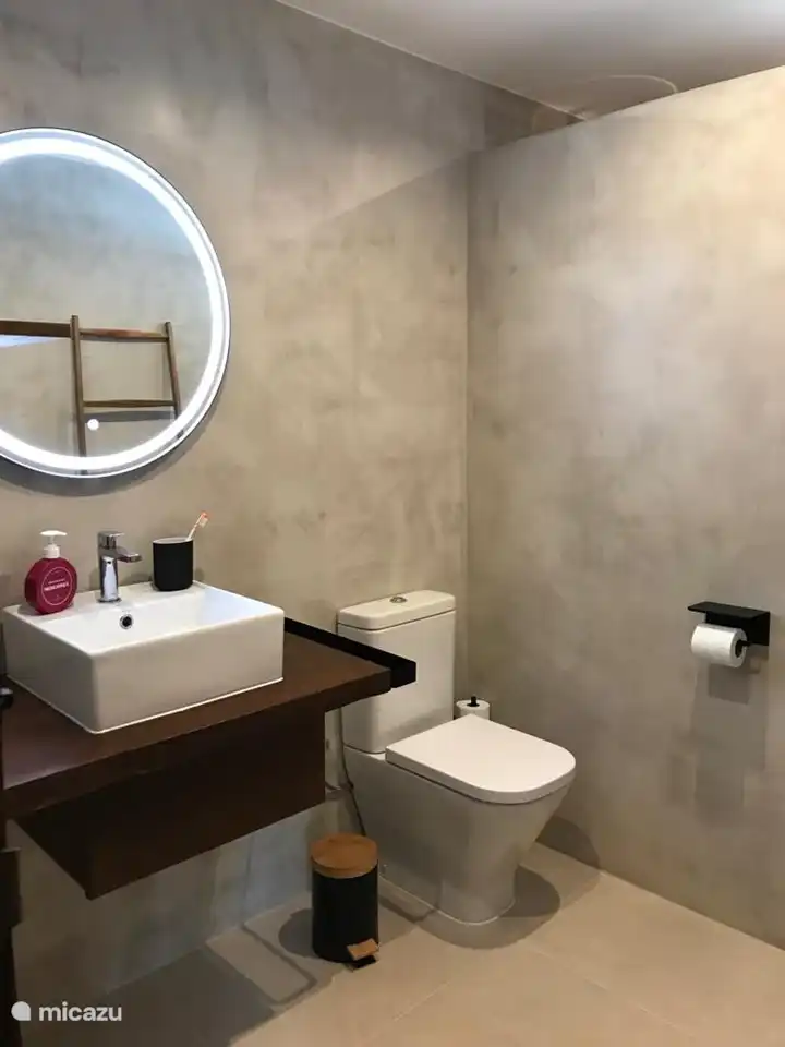 El 1er baño con lavabo, espejo antivaho, inodoro y ducha de lluvia.