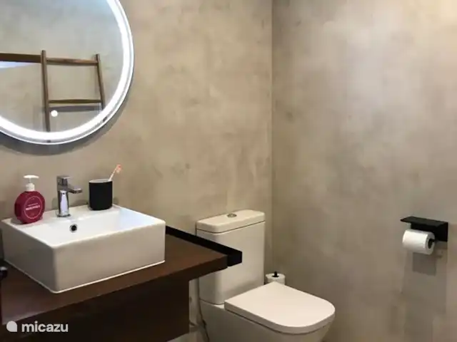 Finca Los Bastienos | Espagne, Costa Blanca, Dénia - villa La 1ère salle de bain avec lavabo, miroir anti-buée, toilettes et douche à effet pluie.