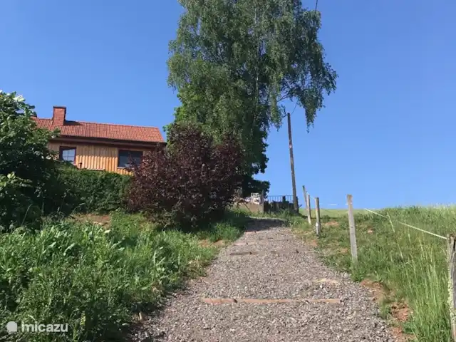 Haus am Berg huren in Duitsland, Sauerland, Diemelsee - vakantiehuis Opgang aan rechterzijde huis direct richting gazon onder het terras.