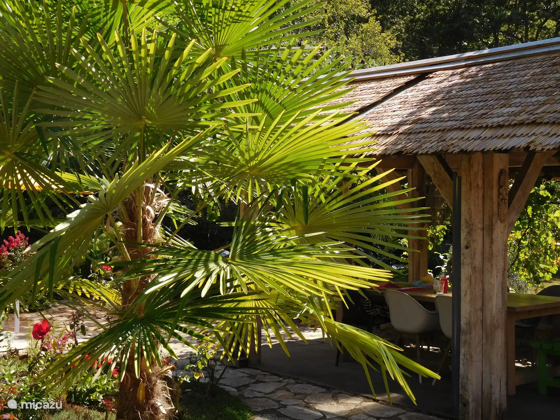 Sommerliches Essen unter dem Reetdach