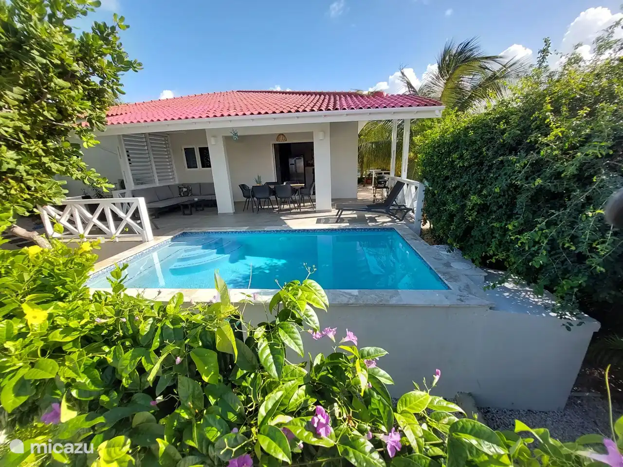 A l'arrière de la terrasse, vous pourrez profiter de la vue et de la belle piscine dans laquelle vous pourrez vous promener depuis la terrasse.