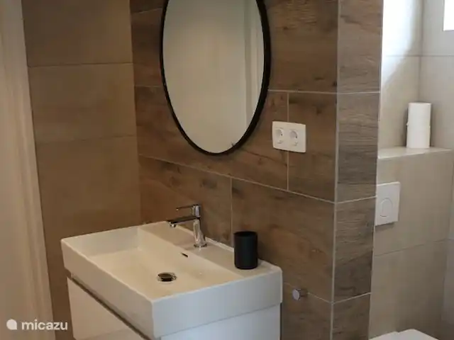 Huisje Met de kippen Op Stok/Sierkip huren in Nederland, Limburg, Baexem - vakantiehuis De badkamer. Met toilet en regendouche.