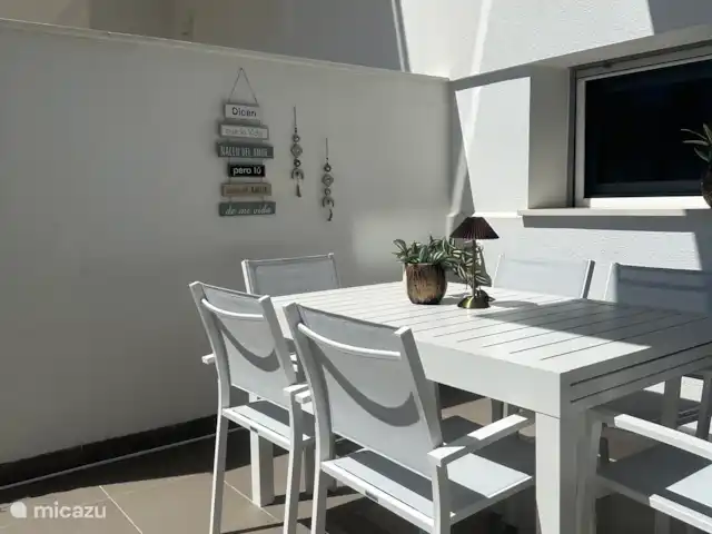 Casa d' Oro Vistabella Golf huren in Spanje, Costa Blanca, Orihuela - appartement Eethoek buiten met 6 stoelen en tafel uitschuifbaar tot 2,70