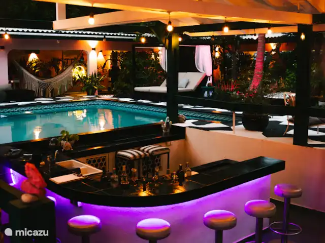 Studio dans un mini-complexe d’art | Curaçao, Banda Abou (ouest), Big Mountain - appartement Notre jardin spectaculaire avec une grande piscine (5 * 14 mètres), des lits de salon, des tabourets de bar de piscine et un bar en libre-service.