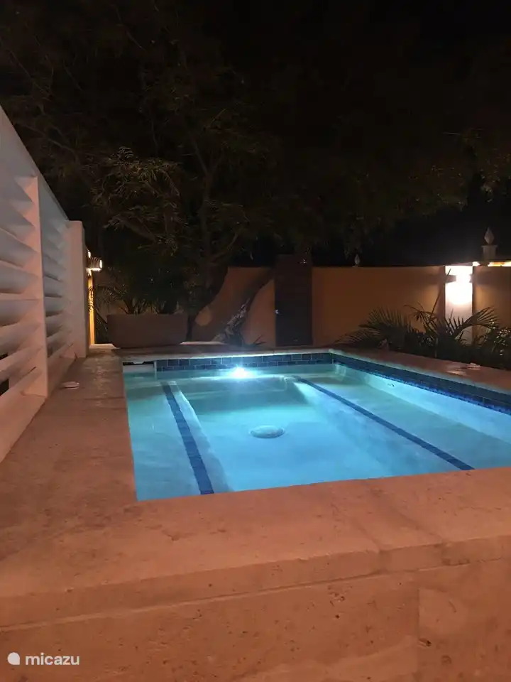 Disfrute de la noche en la piscina atractivamente iluminada.
