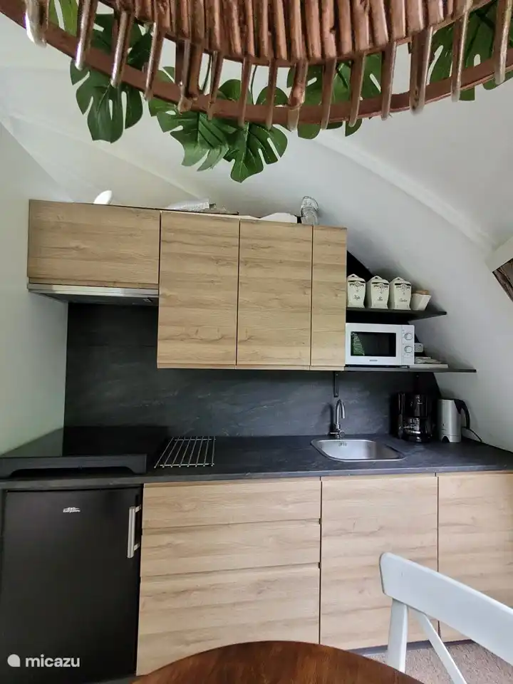 Die Küche ist ausgestattet mit Kühlschrank mit Gefrierfach, Mikrowelle, Kaffeemaschine, Wasserkocher, Airfryer und Geschirrspüler (!).