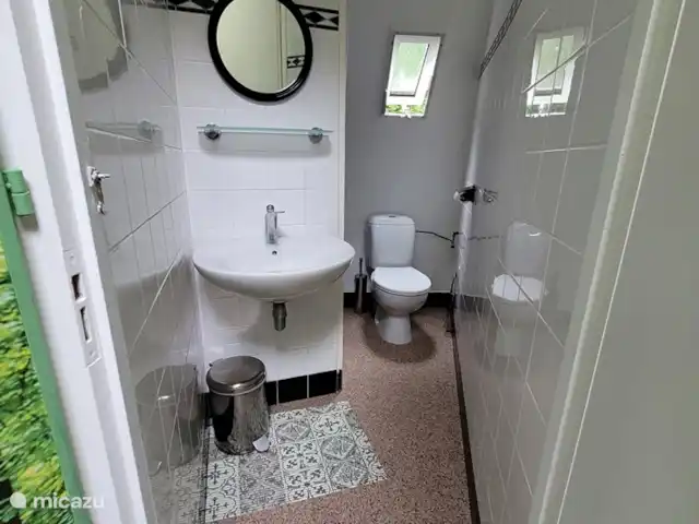 Igloo L'Oasis Verte | Pays-Bas, Brabant-Septentrional, Chaam - bungalow Salle de bain soignée avec lavabo, toilettes et douche.
