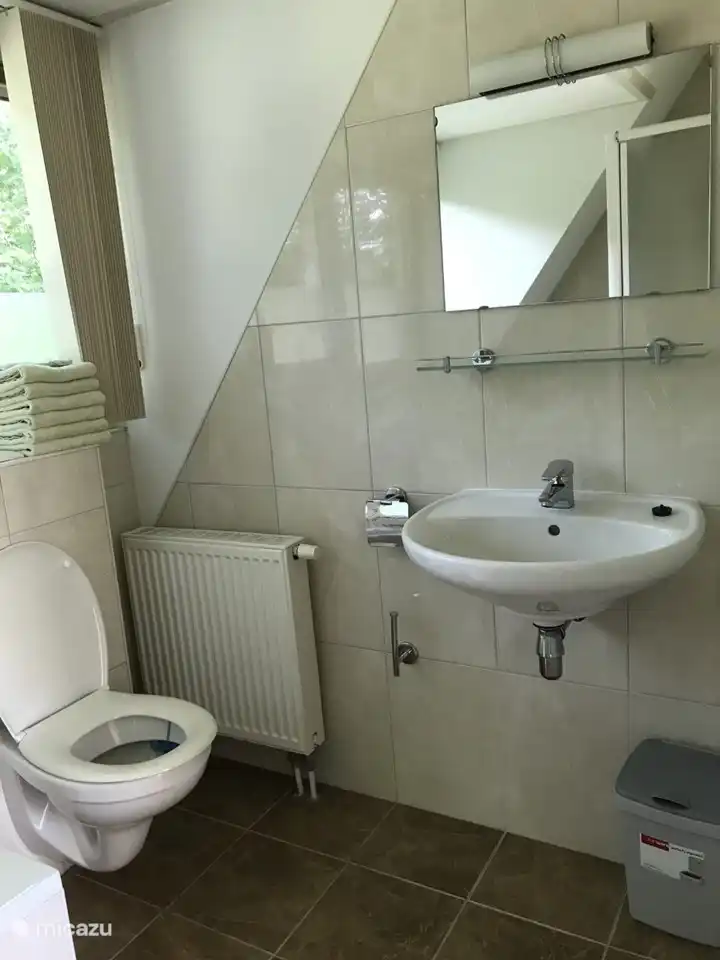 Badezimmer im ersten Stock, mit Dusche, Badewanne, Waschbecken und Toilette. 2