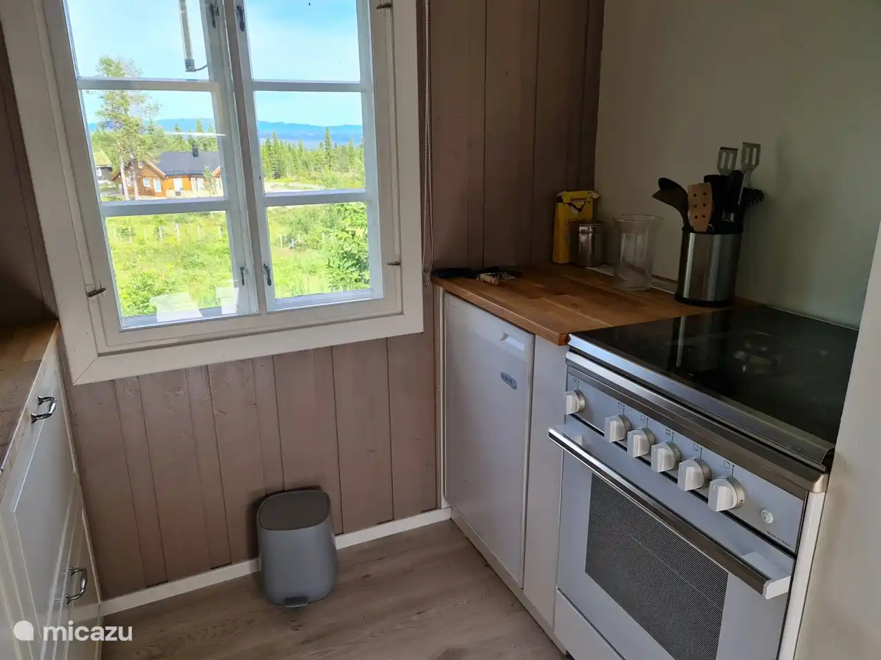 Küche mit Kühlschrank und Gasherd.