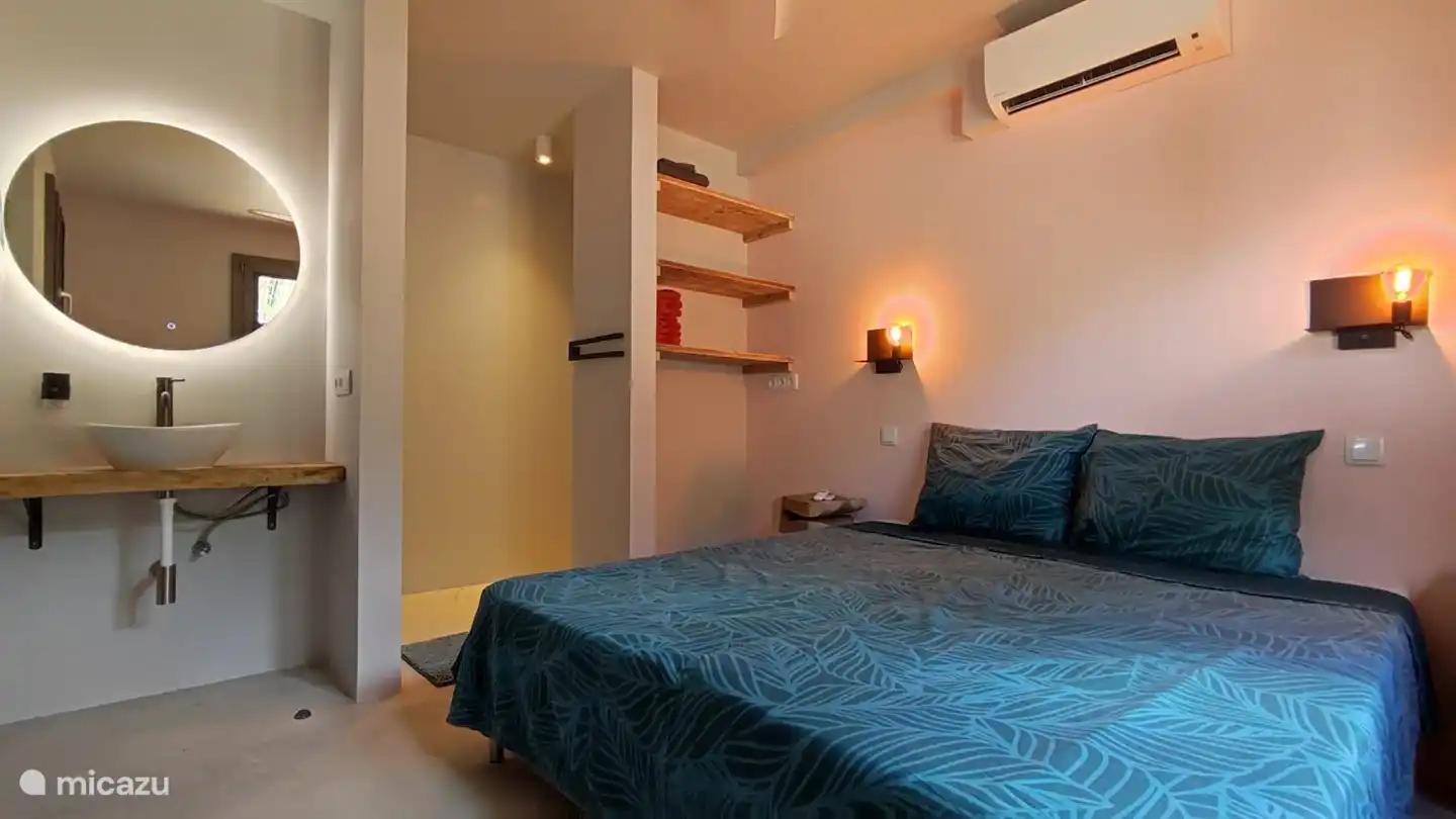 Schlafzimmer mit Spiegel und Waschbecken, aber an der Wand ist die Dusche, ensuite.