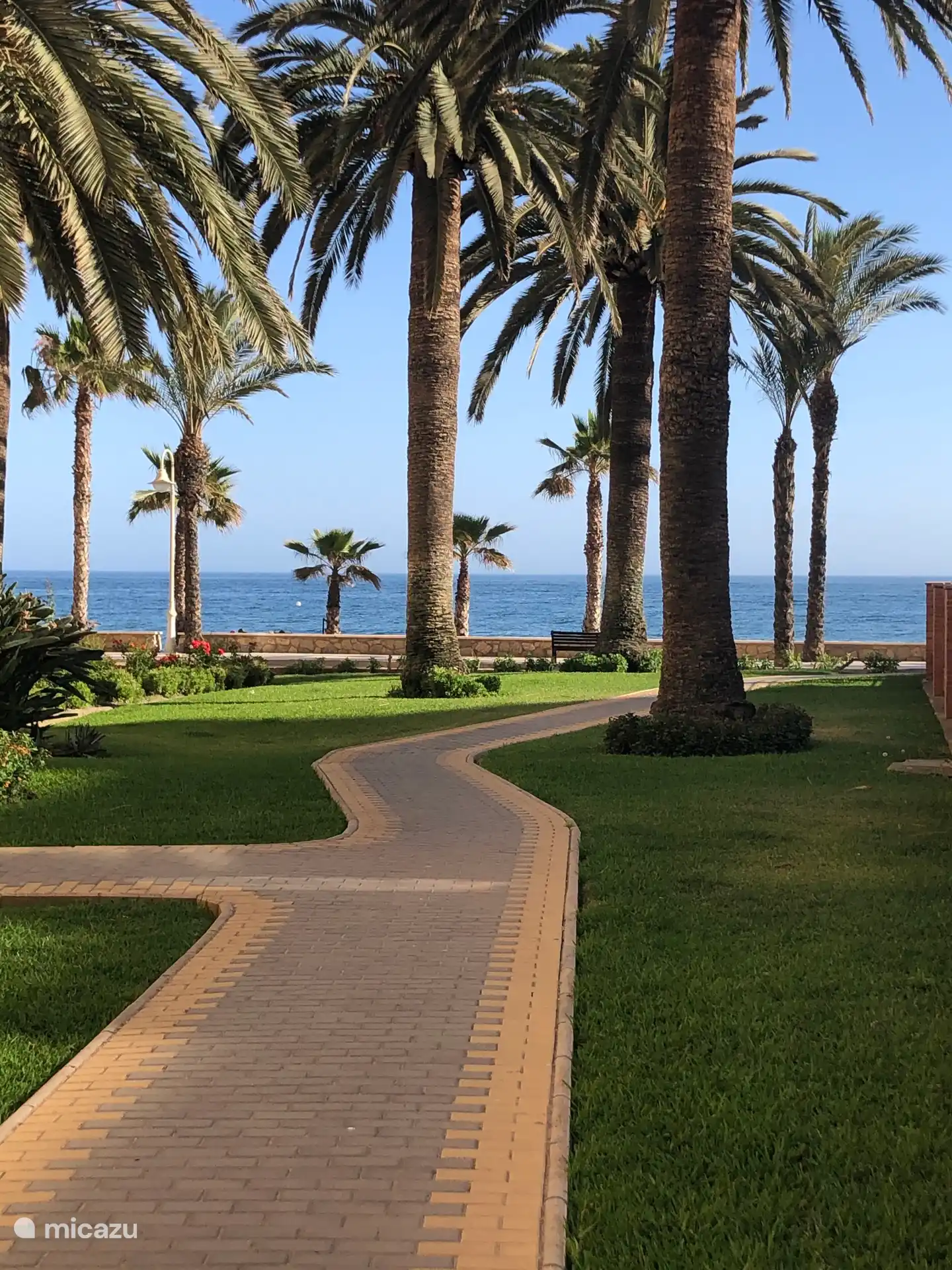 Jardín paisajístico hacia el mar y la piscina