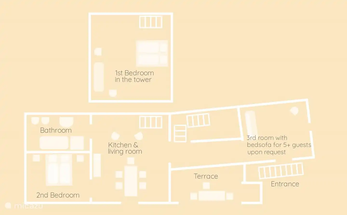 Plan de l'appartement. Une troisième chambre avec un canapé-lit est disponible en option ; cette pièce n'est pas directement reliée au salon. Pour des options spéciales, n'hésitez pas à nous contacter.