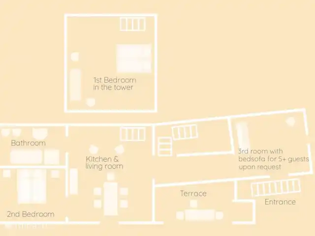apartamento en Italia, Toscana, Castelfranco Piandisco – Borgo Morgiano-Torre Plano de planta del apartamento. Un tercer dormitorio con sofá cama está disponible como opción; esta habitación no está conectada directamente con la sala de estar. Para opciones especiales no dude en contactarnos.