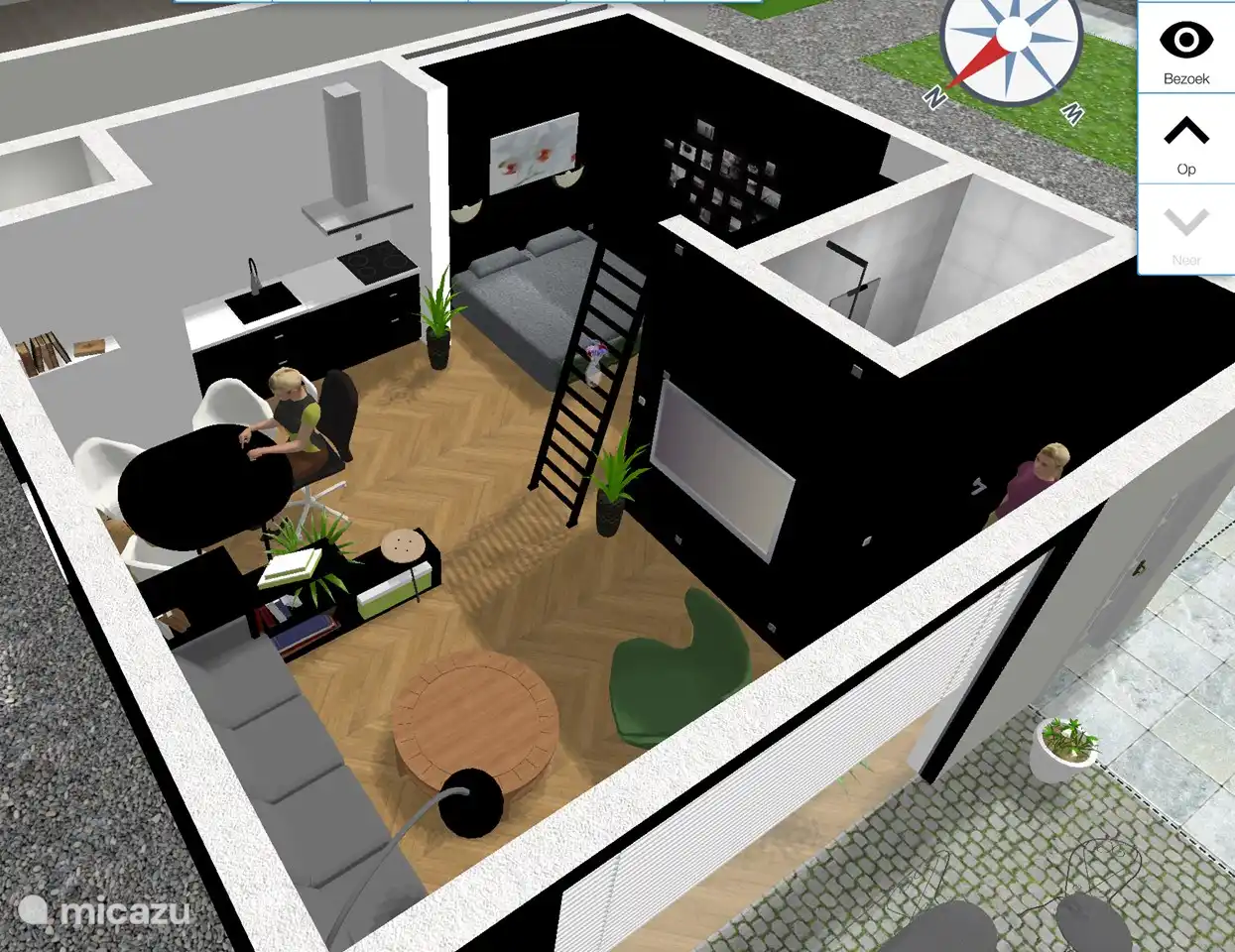 Plattegrond met woonkamer en slaapkamer, badkamer en open keuken. De vliering is schuin en laag