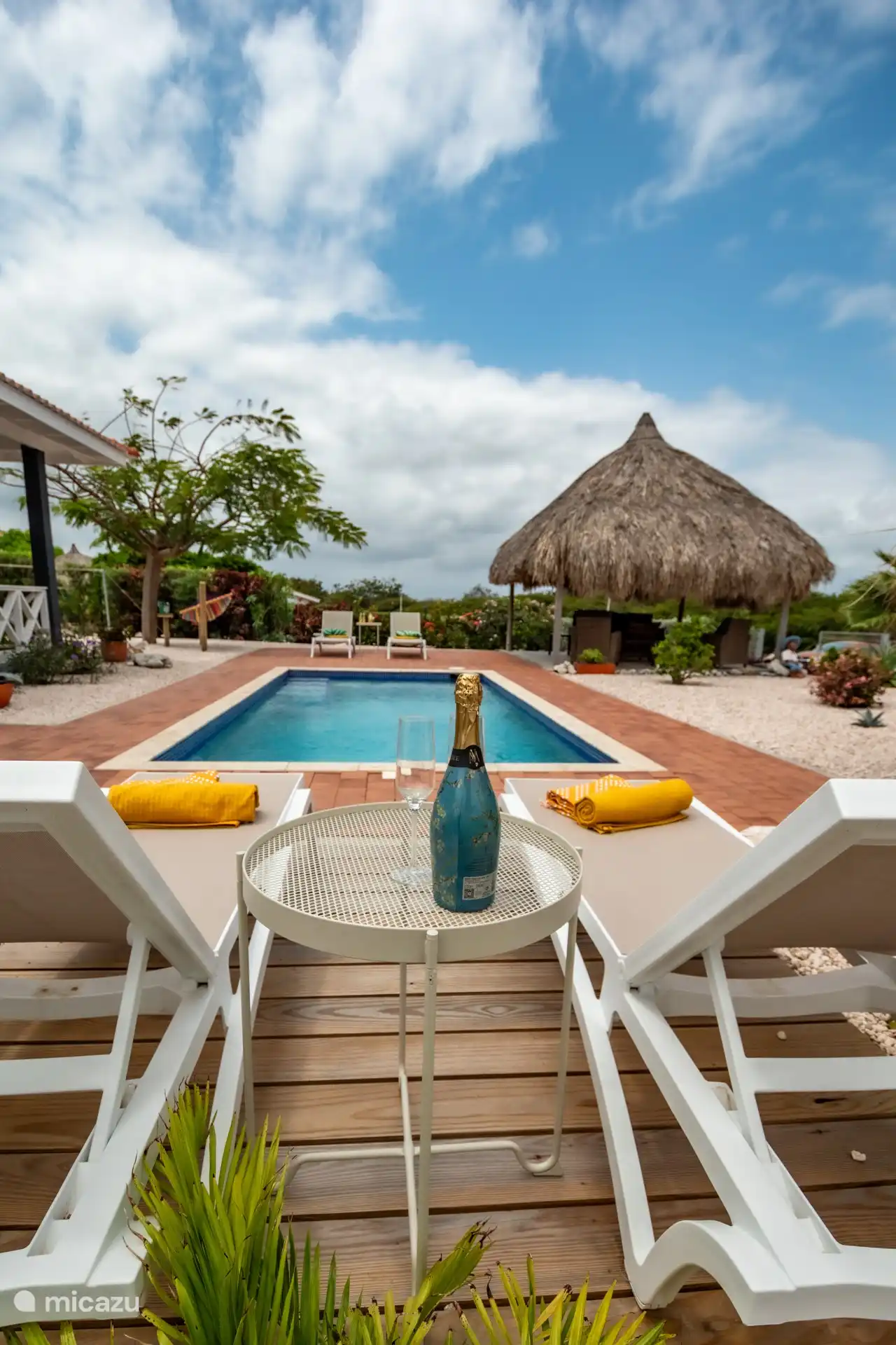 Blick auf den Pool, Palapa und Hängematte. 