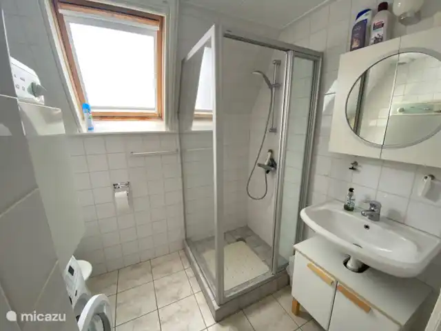 Bungalow 7-09 | Pays-Bas, Frise, Goingarijp - maison de vacances Salle de bain avec douche, WC et lavabo, lave-linge et sèche-linge.