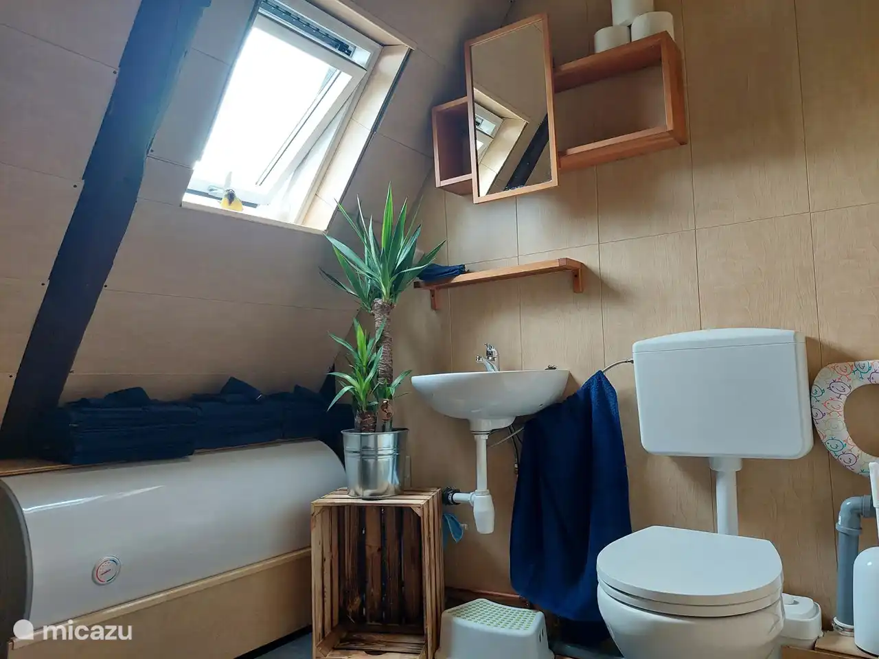 The bathroom with sink, toilet, shower and washing machine. Hot water goes through the boiler, waste water goes through sanitizer.