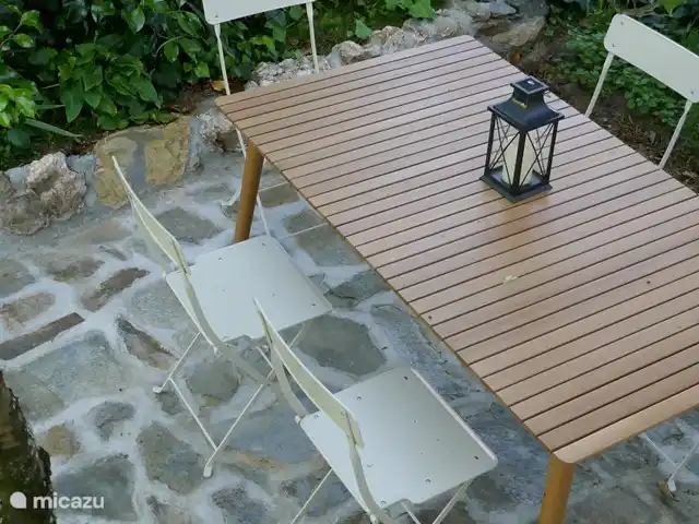 Casa Laranjeira | Portugal, Viseu, Mortágua - maison de vacances Terrasse avec table et chaises sous oranger et camélia