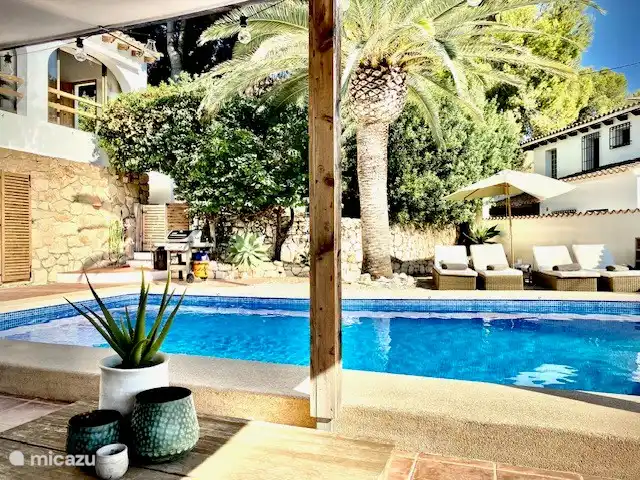 Piscine avec chaises longues