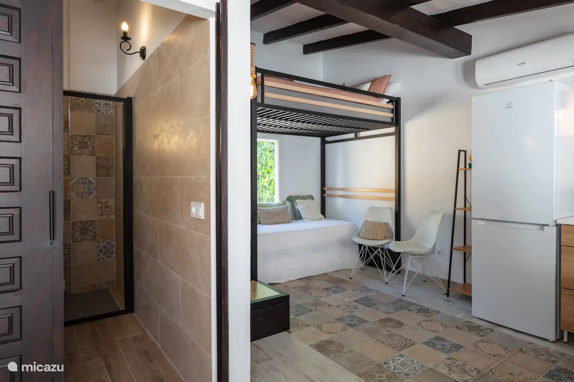 Casita with bed, bathroom and desk