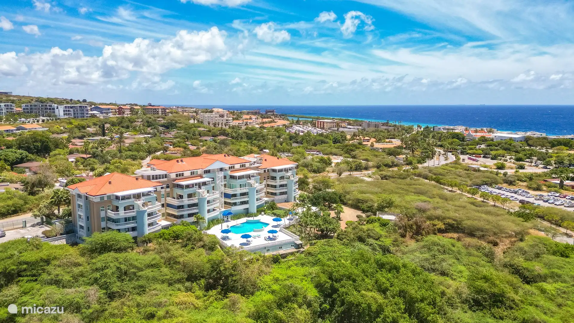 View of the building with the Caribbean sea in the background