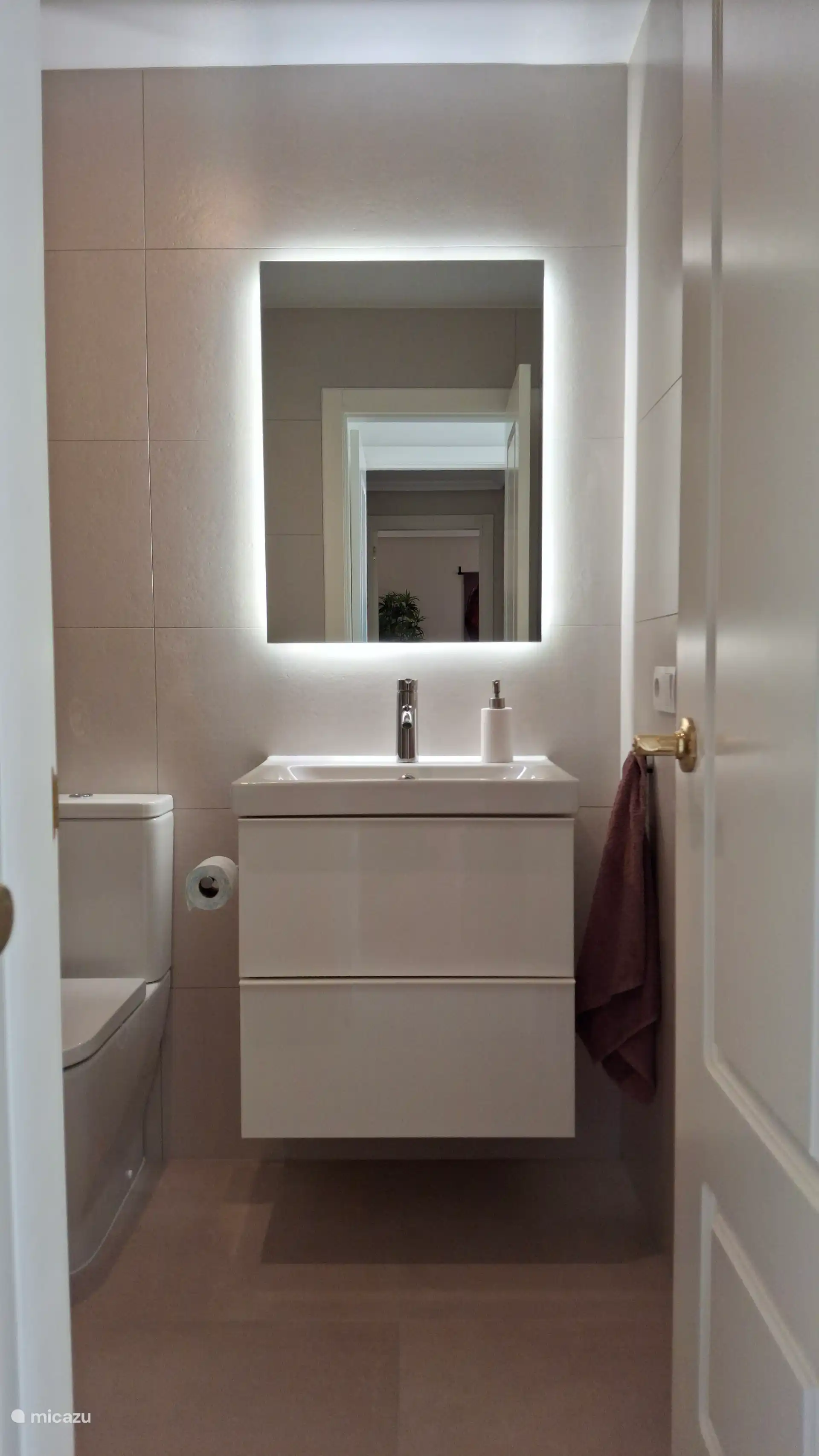 Luxuriöses Badezimmer mit Waschbecken, Spiegel, hoher Toilette, begehbarer Dusche und Föhn. 