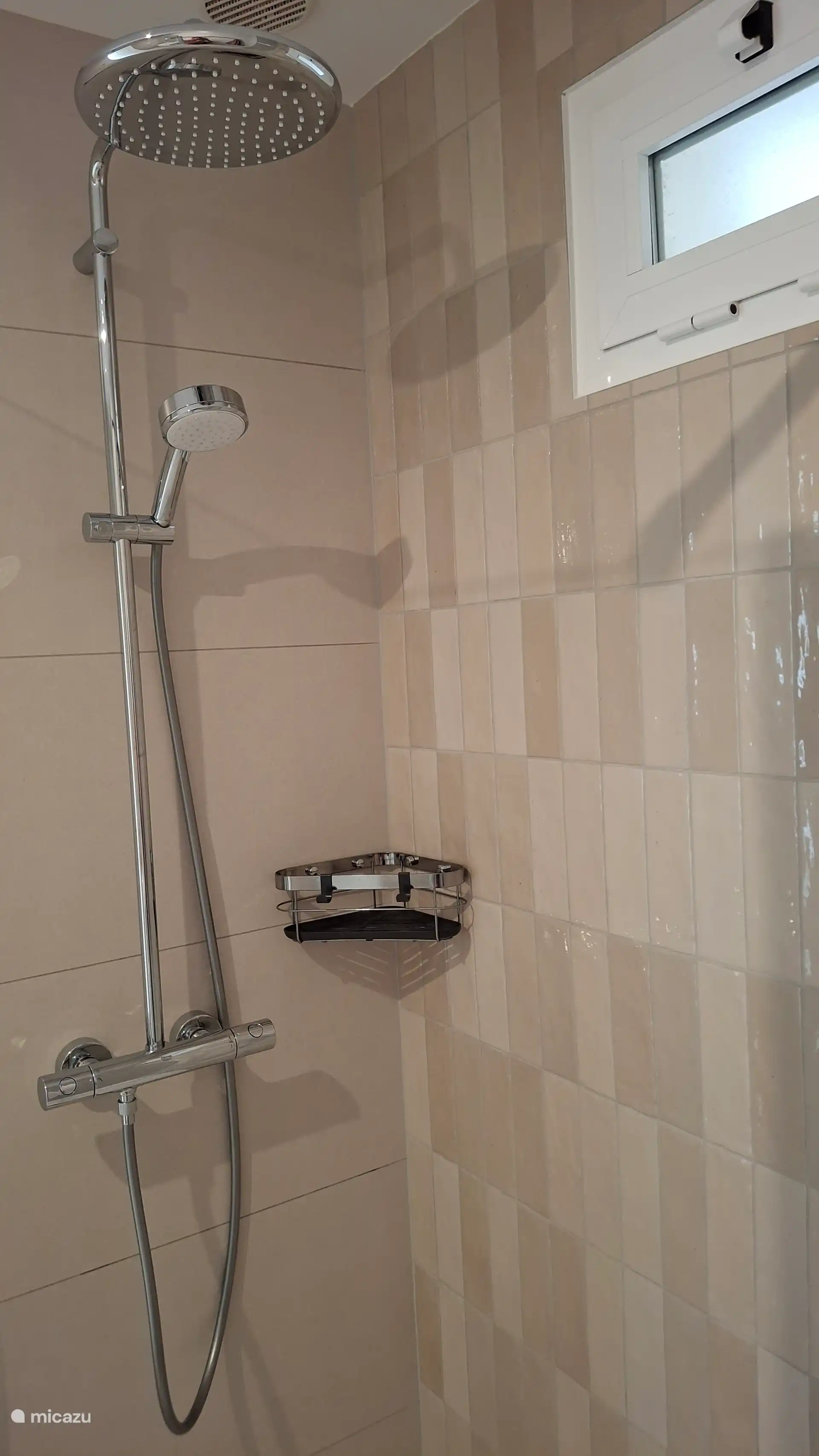 Luxuriöses Badezimmer mit Waschbecken, Spiegel, hoher Toilette, begehbarer Dusche und Föhn.