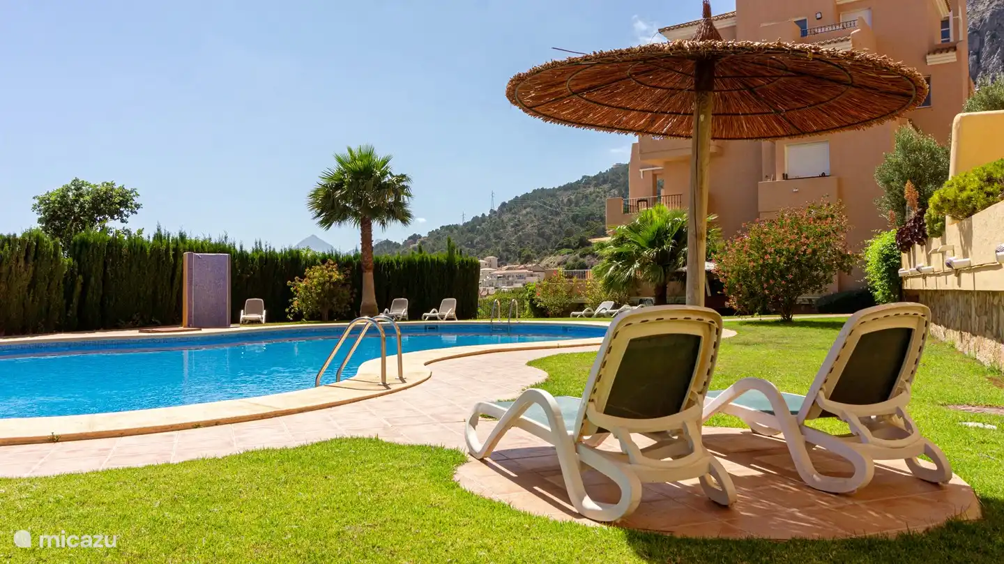 Schwimmbad 1, Blick von der Terrasse. Ein schönes Schwimmbad, in dem man bei warmem Wetter seine Bahnen ziehen kann. 