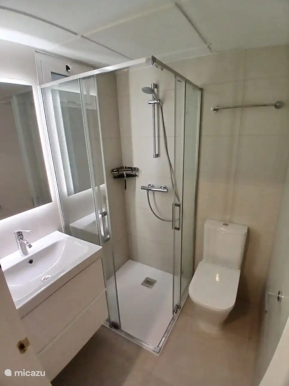 Zweites luxuriöses Badezimmer mit begehbarer Dusche, Waschbecken, Spiegel und hoher Toilette. 