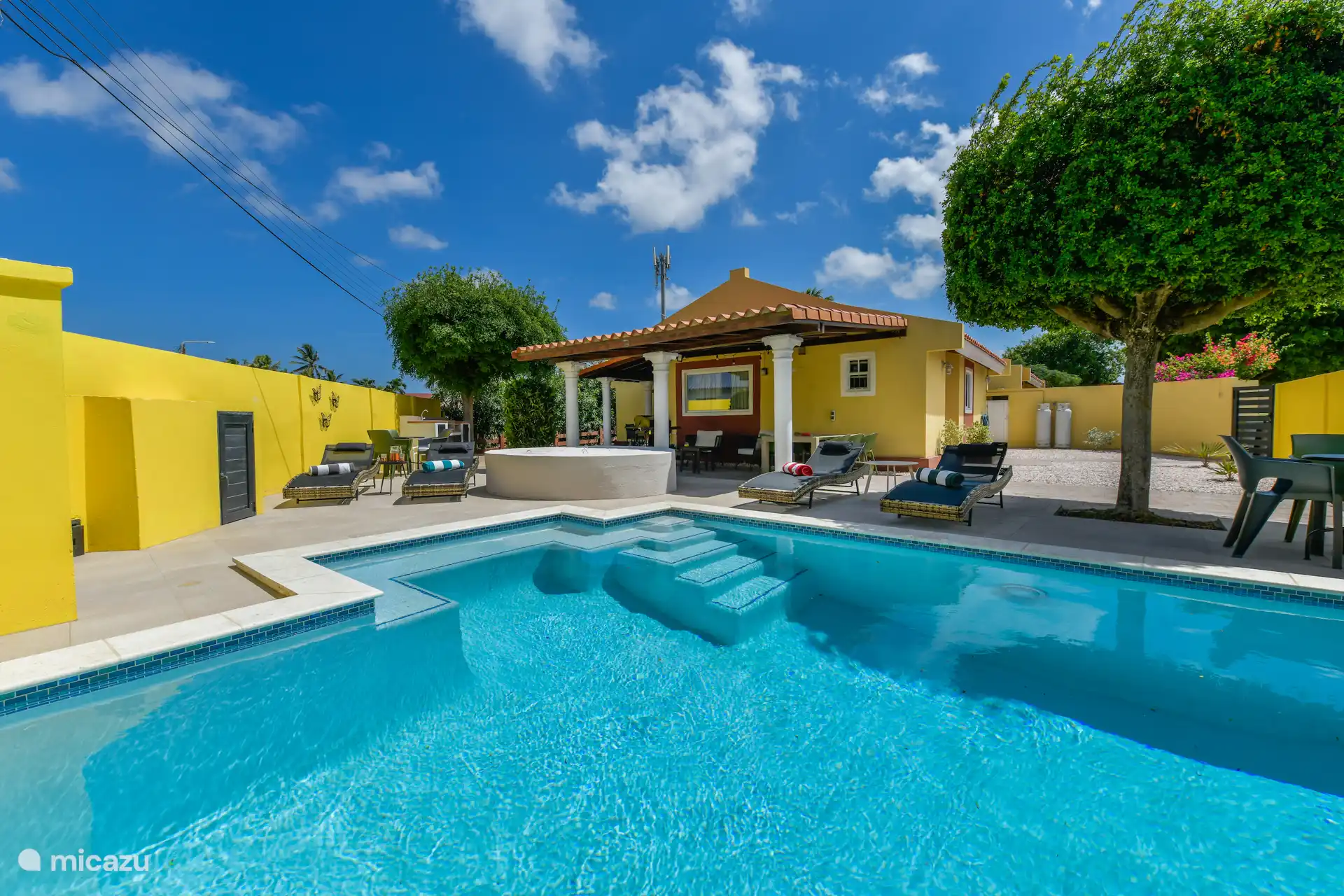 overzicht van de tuin met zwembad