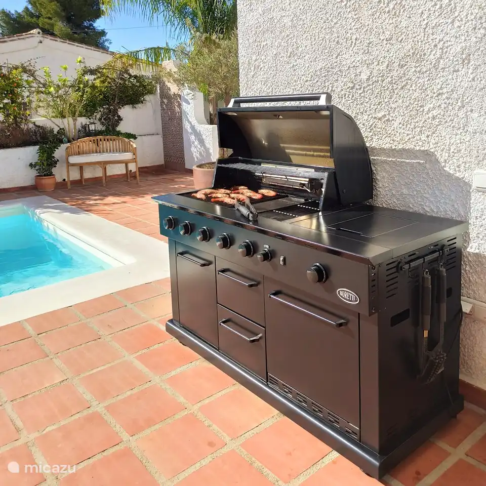 Diese Außenküche besteht aus einem (Gas-)Grill, einem Grill und einem Kühlschrank