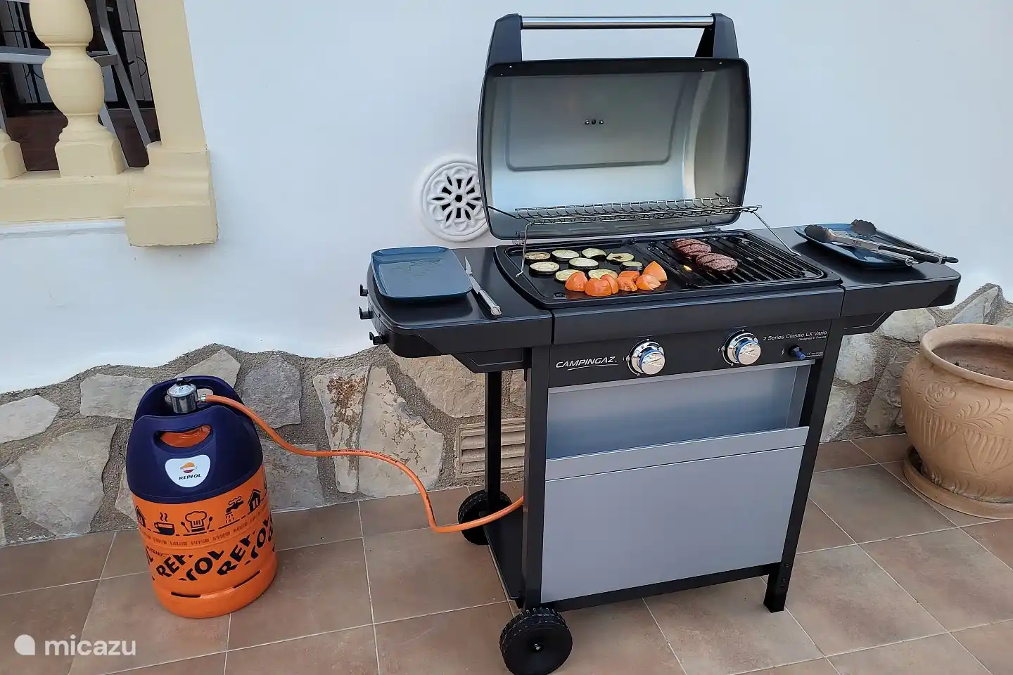 Kochen Sie draußen auf dem Gasgrill.