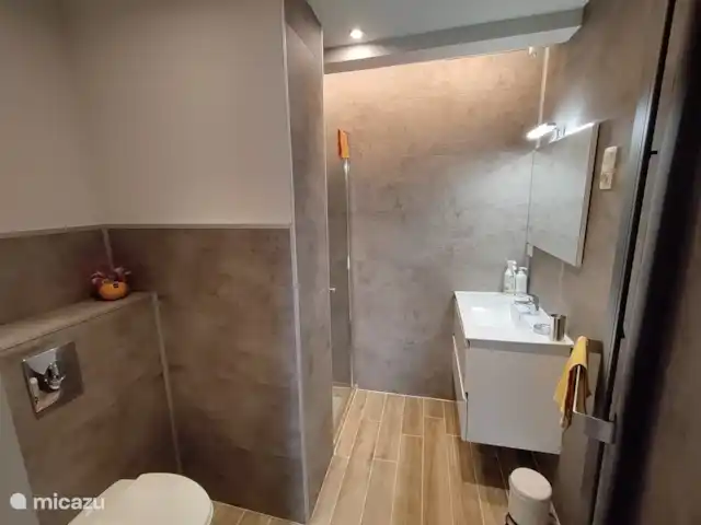 Mote26 huren in België, West-Vlaanderen, Ingooigem - vakantiehuis Badkamer met sfeerverlichting, inloopdouche, hangtoilet, badkamermeubel, centrale verwarming, lucht/vochtafzuiging