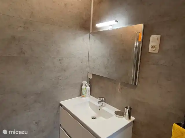 Mote26 huren in België, West-Vlaanderen, Ingooigem - vakantiehuis Badkamer met sfeerverlichting, inloopdouche, hangtoilet, badkamermeubel, centrale verwarming, lucht/vochtafzuiging