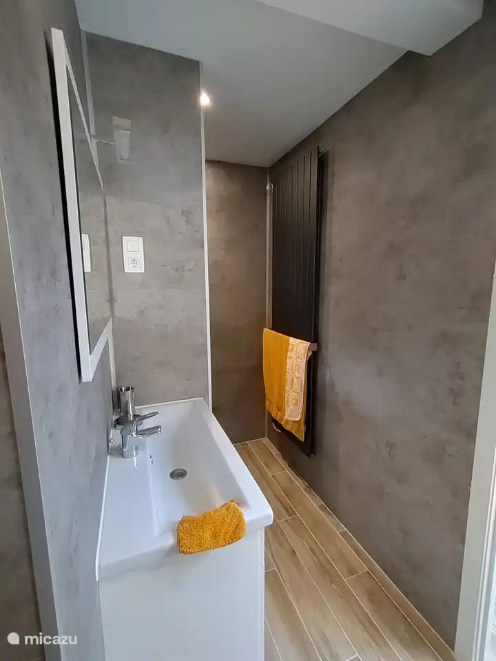 Badezimmer mit stimmungsvoller Beleuchtung, große begehbare Dusche, Hängetoilette, Badezimmermöbel, Zentralheizung, Luft- / Feuchtigkeitsabsaugung