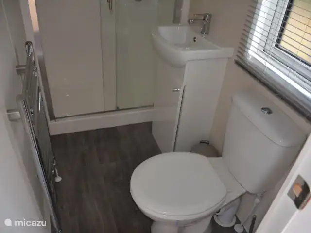 Location de Vacances Pays-Bas, Gueldre, Beekbergen, chalet - Chalet 't Veluws Huuske La salle de bain a une cabine de douche, un lavabo et des toilettes.