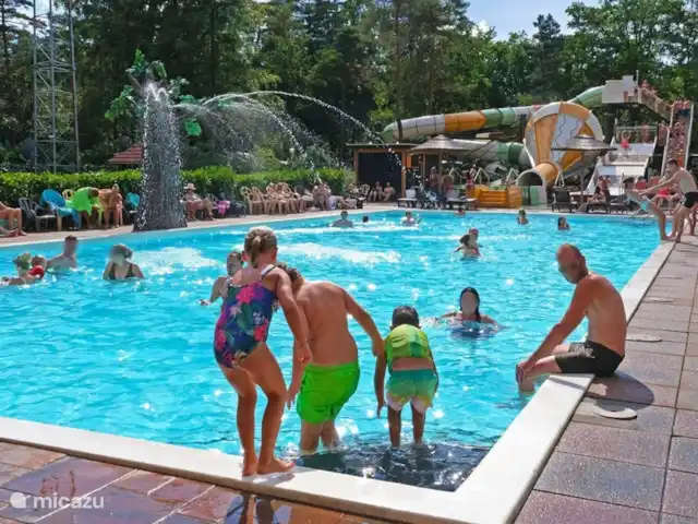 Location de Vacances Pays-Bas, Gueldre, Beekbergen, chalet - Chalet 't Veluws Huuske La piscine extérieure comprend une douche d'arbre fraîche. La piscine à thème pour enfants comprend des fontaines, un toboggan pour enfants et des jets d'eau.