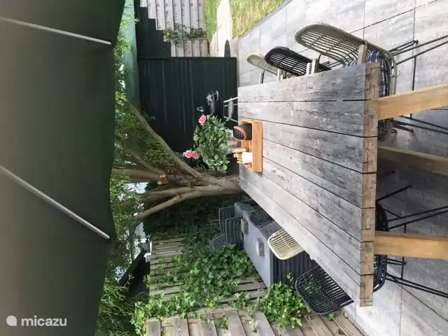 Mesa de comedor en terraza con 6 sillas de comedor. Conexión eléctrica contra valla. Internet también disponible en el exterior.