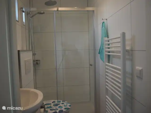 Chalet de luxe Wielewaal, parc IJsvogel | Pays-Bas, Gueldre, Voorthuizen - chalet La salle de bain offre une douche spacieuse, des toilettes et un lavabo avec un espace de rangement au-dessus et au-dessous.