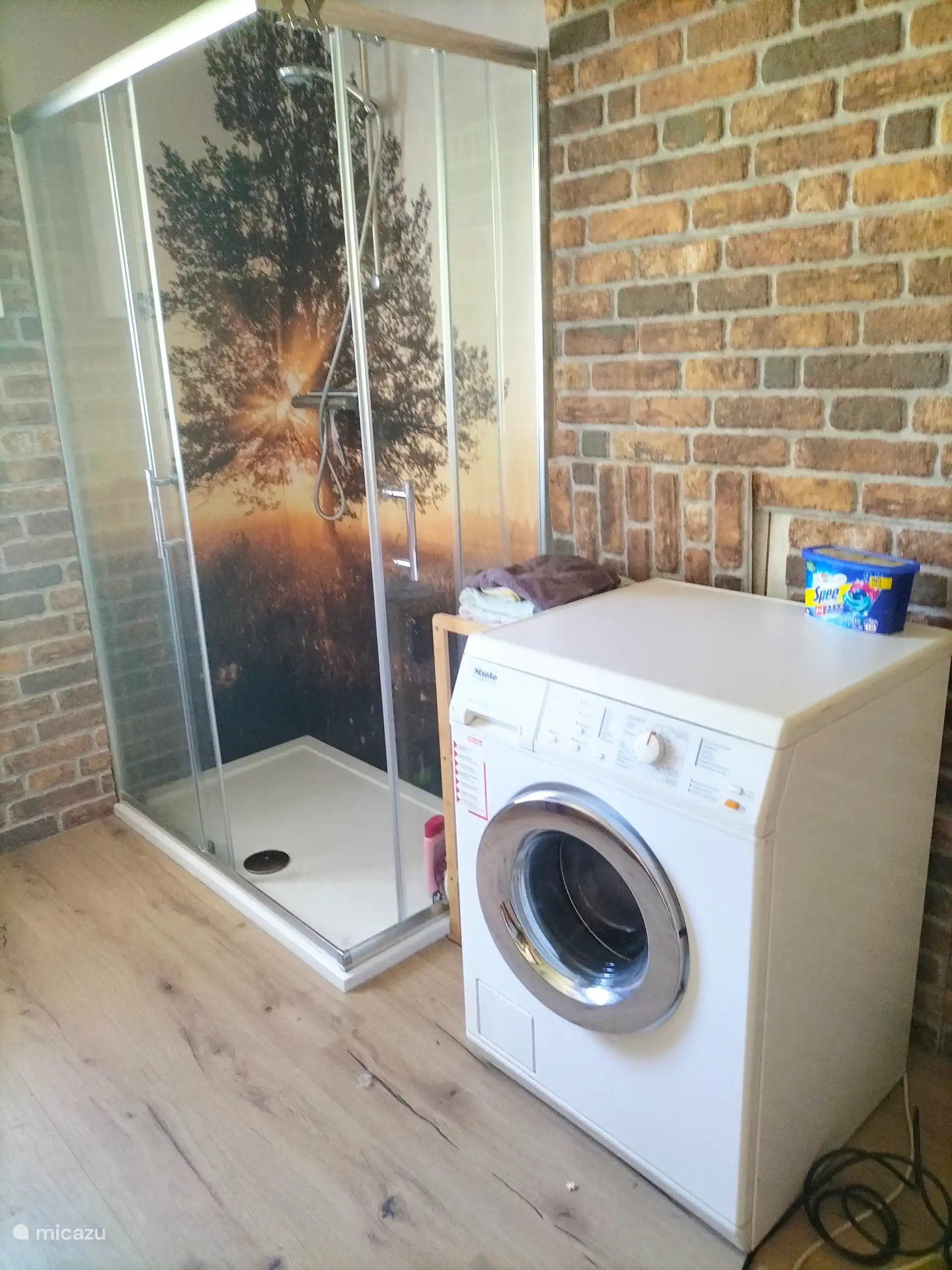 badkamer met douche, wasbak, toilet en wasmachine