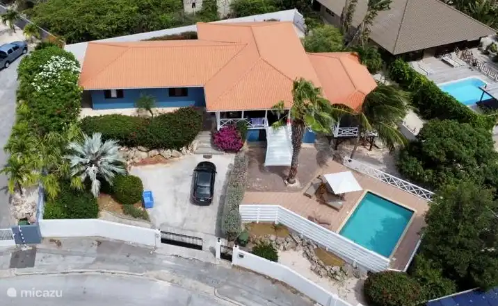 Helicopter view tuin, terras en zwembad.